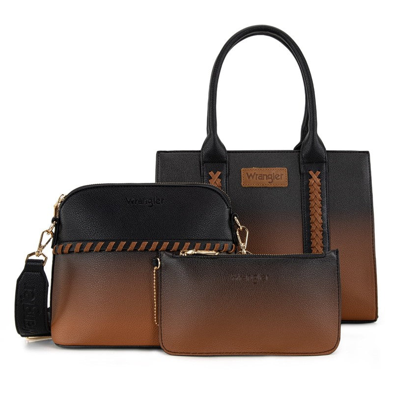 Wrangler 3Pc Handbag Set Tote Crossbody Purse Wallet Black Brown6
