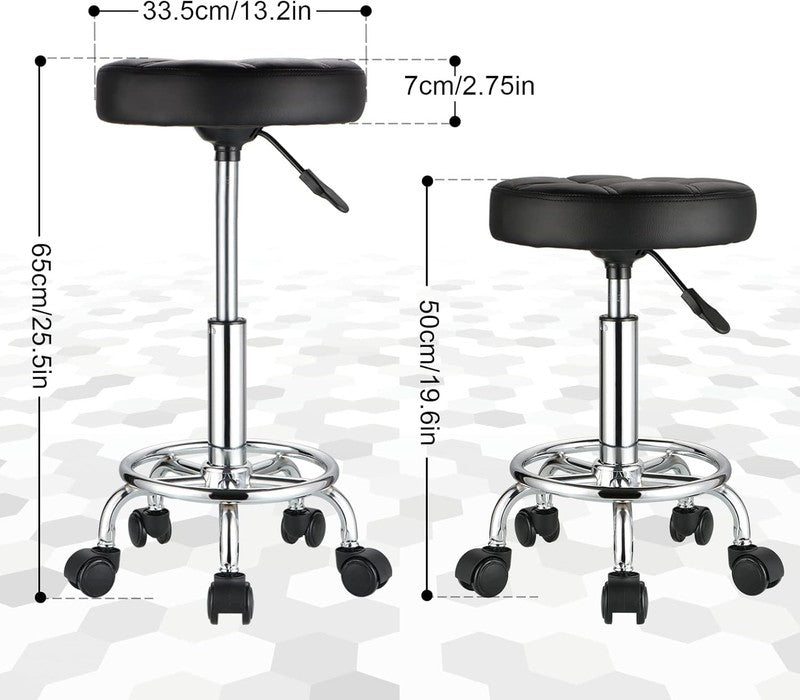 Adjustable Round Rolling Stool with PU Leather Seat and Wheels - Black2