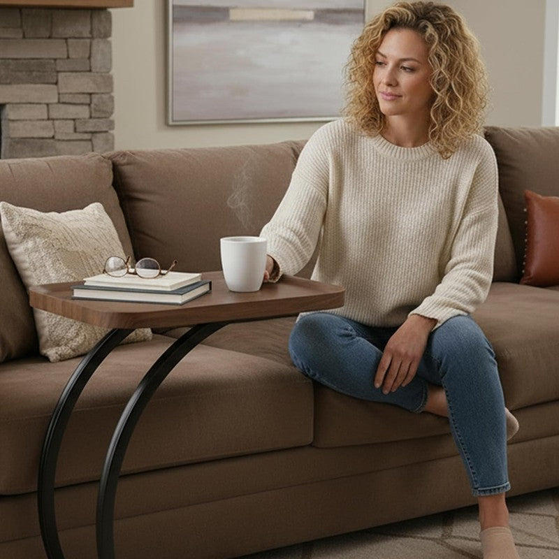 C Shaped End Table for Sofa, 25.5" Height Fixed C Table with Dual Curved Metal S3