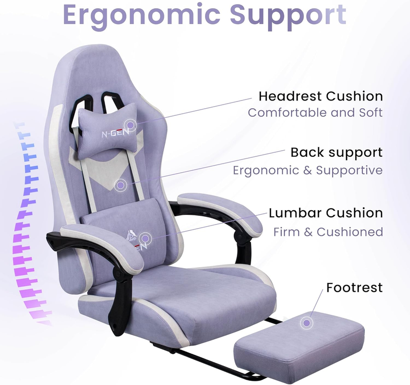 Video Gaming Chair with Footrest Lumbar Recliner Adjustable Fabric Chair Purple4