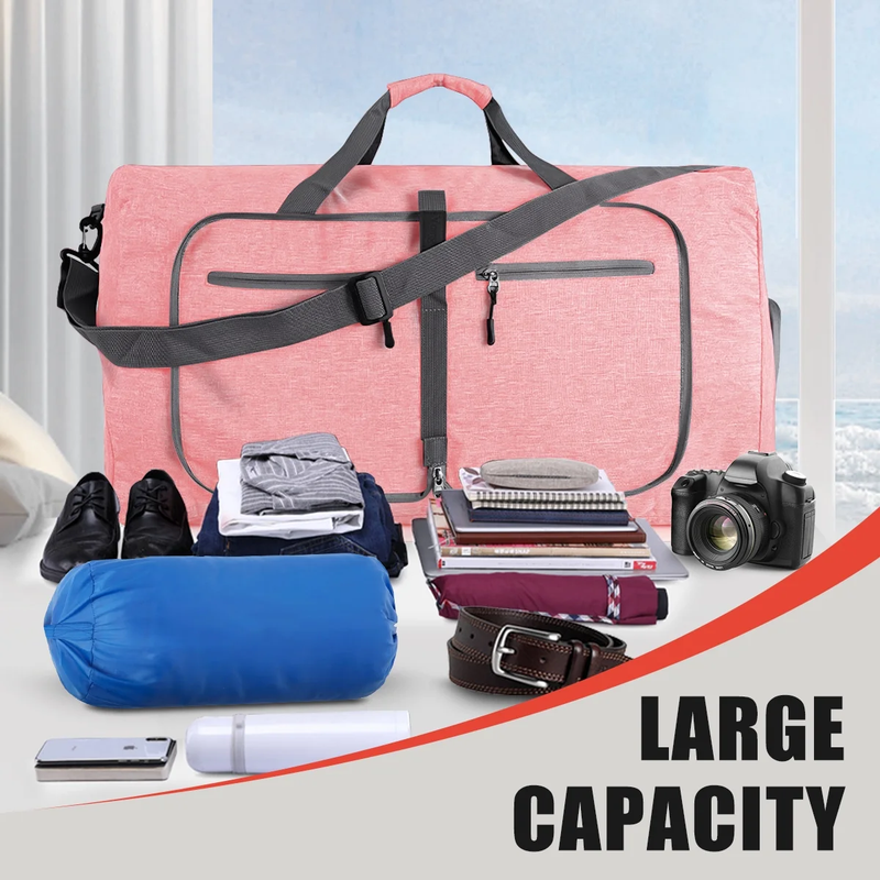 65L Foldable Travel Duffle Bag Waterproof Weekender w/Shoe Compartment Pink5