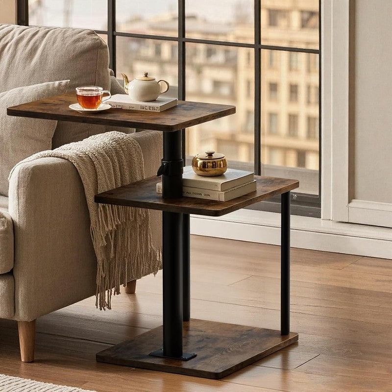 360° Swivel C Side Table 3-Tier Nightstand with Shelf Rustic Brown6