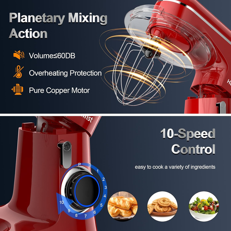 6.5QT Stand Mixer 10 Speed Tilt Head Kitchen Mixer Red Baking Tool2