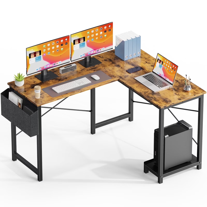 49" Modern L Shaped Computer Desk w/ Storage Shelf & Side Bag Rust7