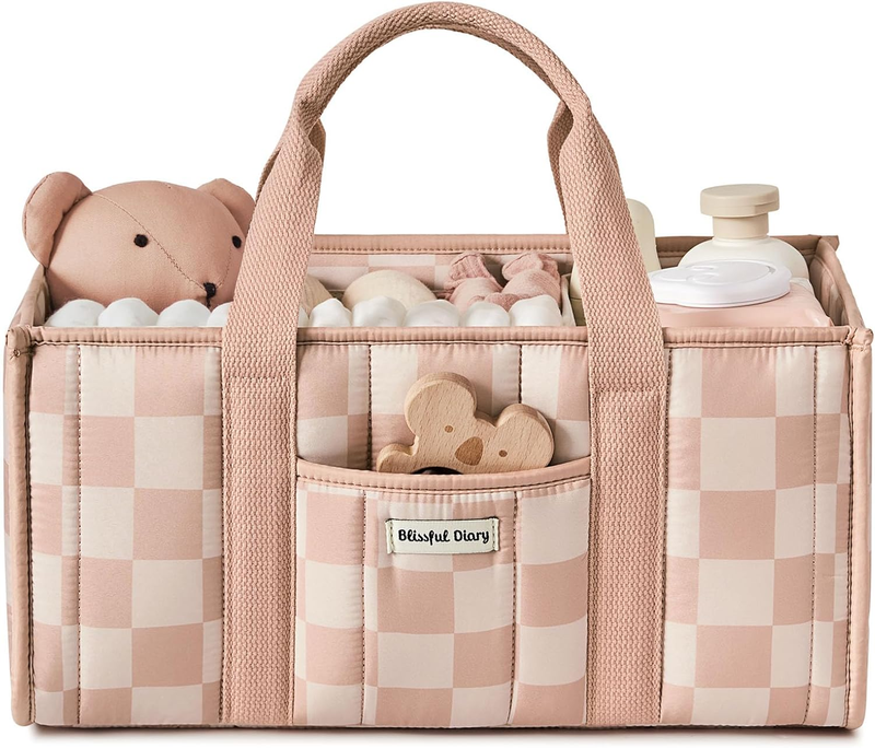Checkered Diaper Caddy Organizer Nursery Storage Basket Pink Baby7