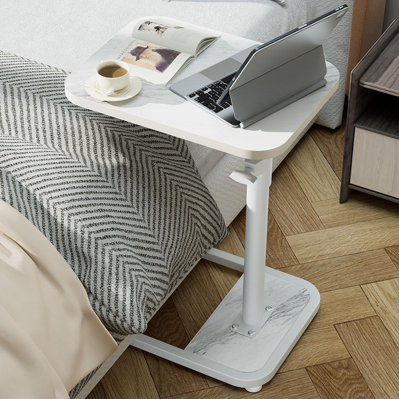 C-Shaped Adjustable TV Tray Side Table White Marble Wood10
