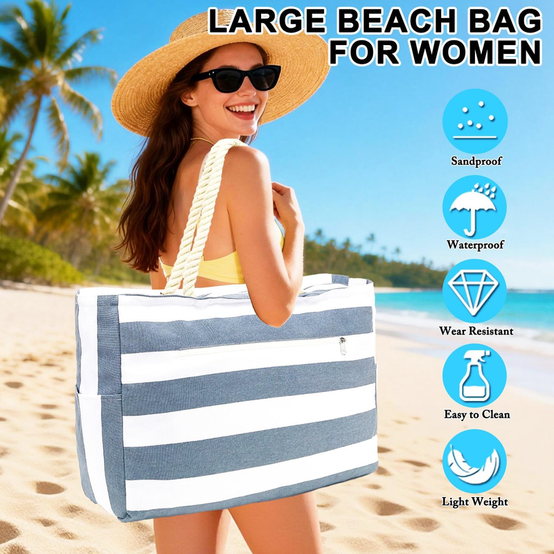 Large Waterproof Beach Tote Bag Sandproof Canvas Pool Bag Wet Pocket2
