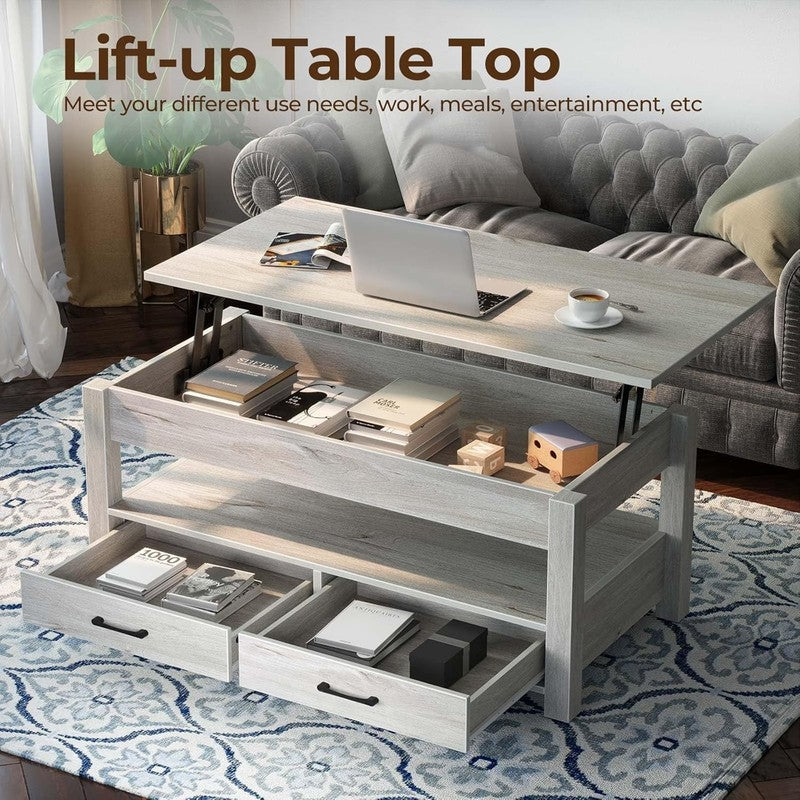 Lift Top Coffee Table w/ Drawers Hidden Compartment Wooden Table Grey3