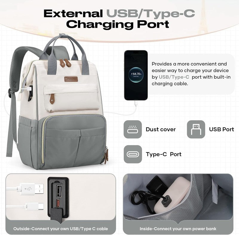 Travel Laptop Backpack 15.6 17.3" Nurse Work Bag w/ Lunch Box Gray Beige2