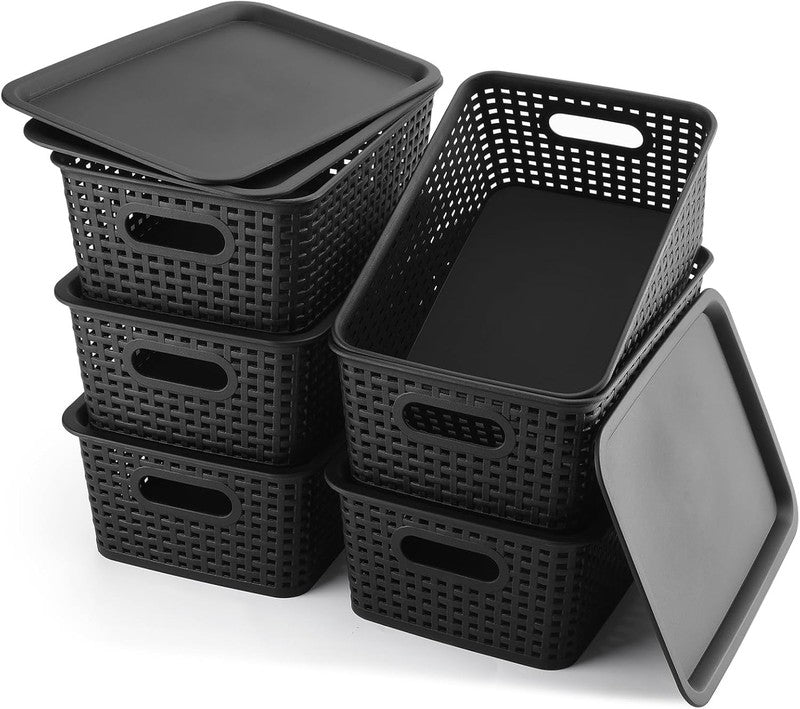 6 Pack Plastic Storage Bins with Lids, Stackable Organizer Baskets Black1