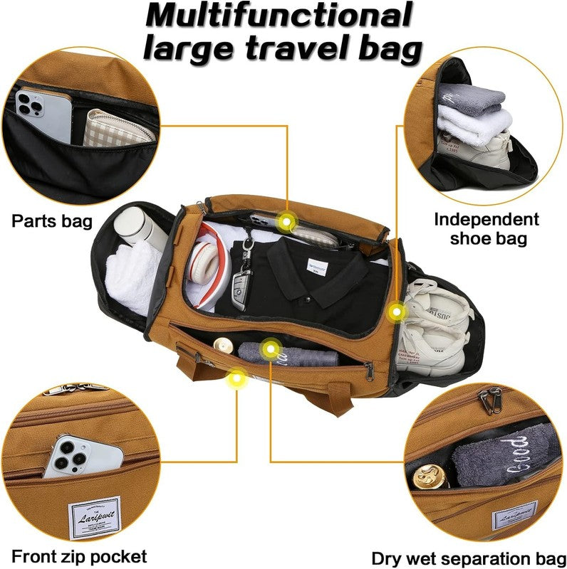 40L Travel Duffle Gym Bag Khaki Shoes Compartment Wet Pocket Weekender3
