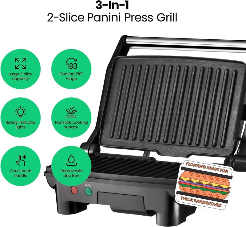 Electric Panini Press Grill Sandwich Maker Nonstick 180° Stainless Steel Black1