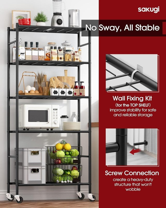 5 Tier Metal Storage Shelves w Wheels Heavy Duty Adjustable Black2