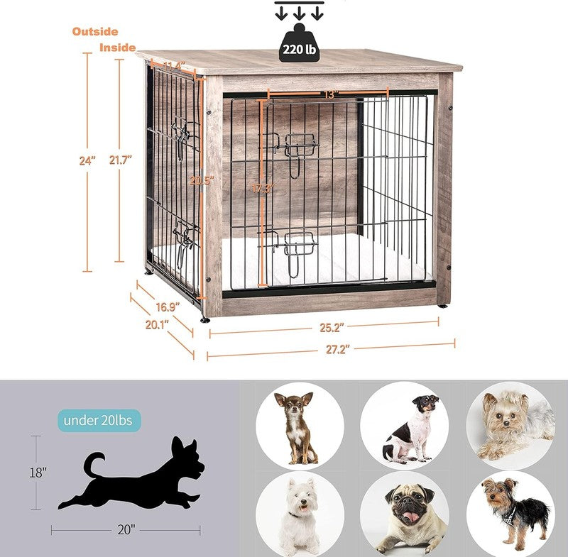 Dog Crate Furniture Table w/Cushion Wooden Kennel Double Door 27.2" Greige4