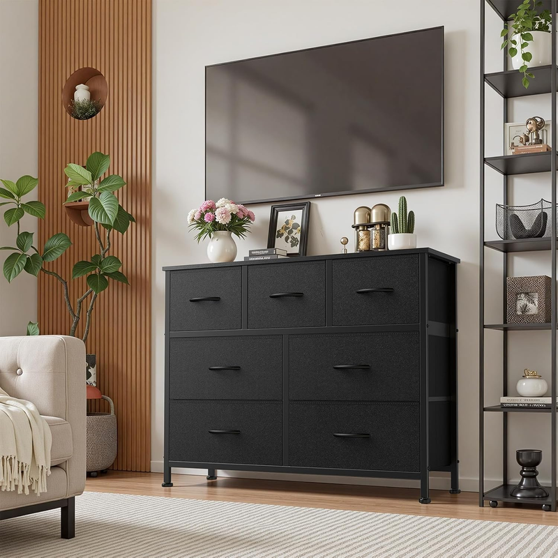 7 Drawer Fabric Dresser Storage Tower Steel Frame Wood Top Black1