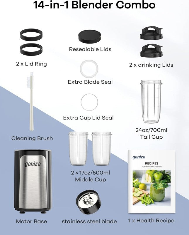 Personal Smoothie Blender w/ 3 Cups (24Oz & 2x17Oz) Single Serve Maker6