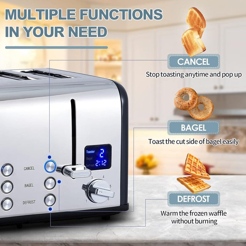 4 Slice Black Stainless Steel Toaster LED Wide Slots Bagel Defrost Cancel4