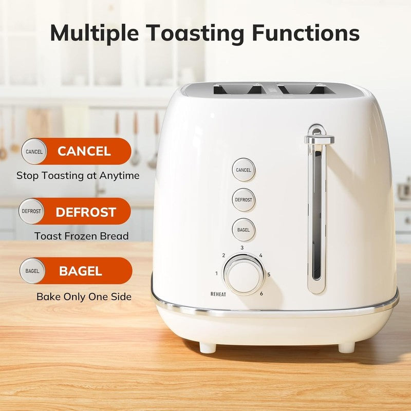 Retro 2 Slice Toaster White - Wide Slot, 6 Browning, Reheat, Defrost, Bagel1