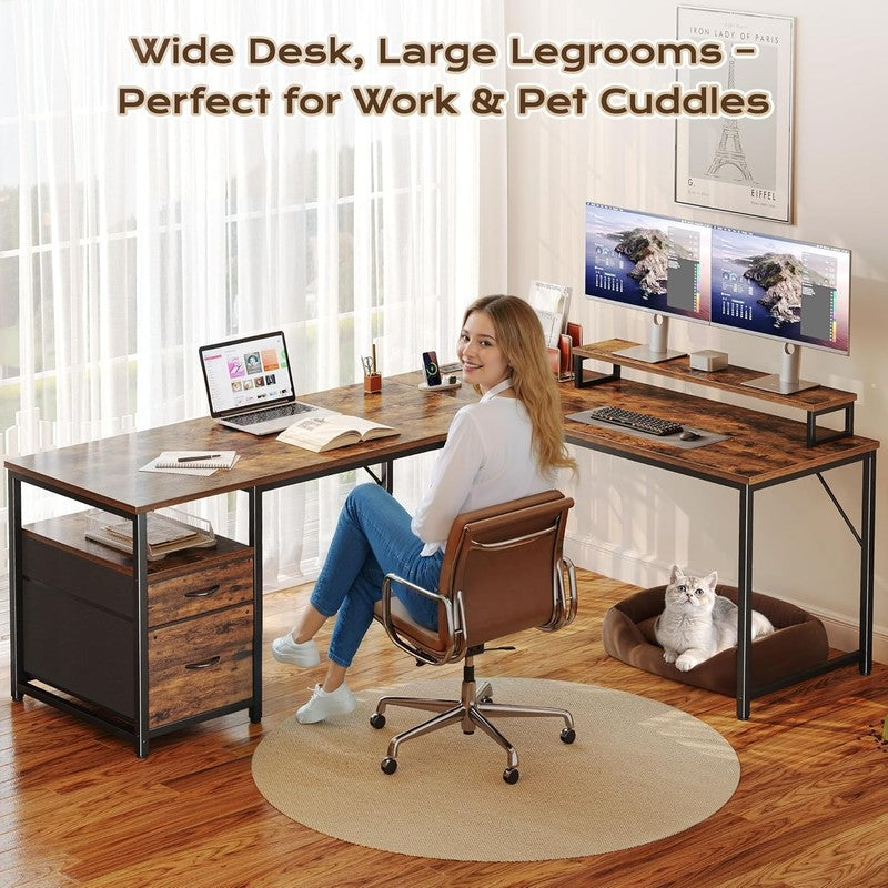 63'' L Shaped Desk w/ USB C Power Outlets Corner Office Desk Rustic Brown6