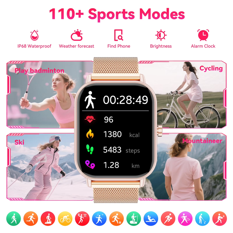1.85" Smart Watch Android iPhone Call Fitness Tracker IP68 Milanese Band1