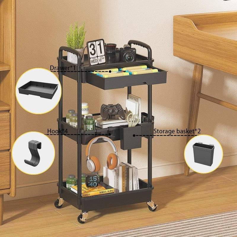 3-Tier Rolling Utility Cart with Drawer & Hooks, Black Storage Organizer2