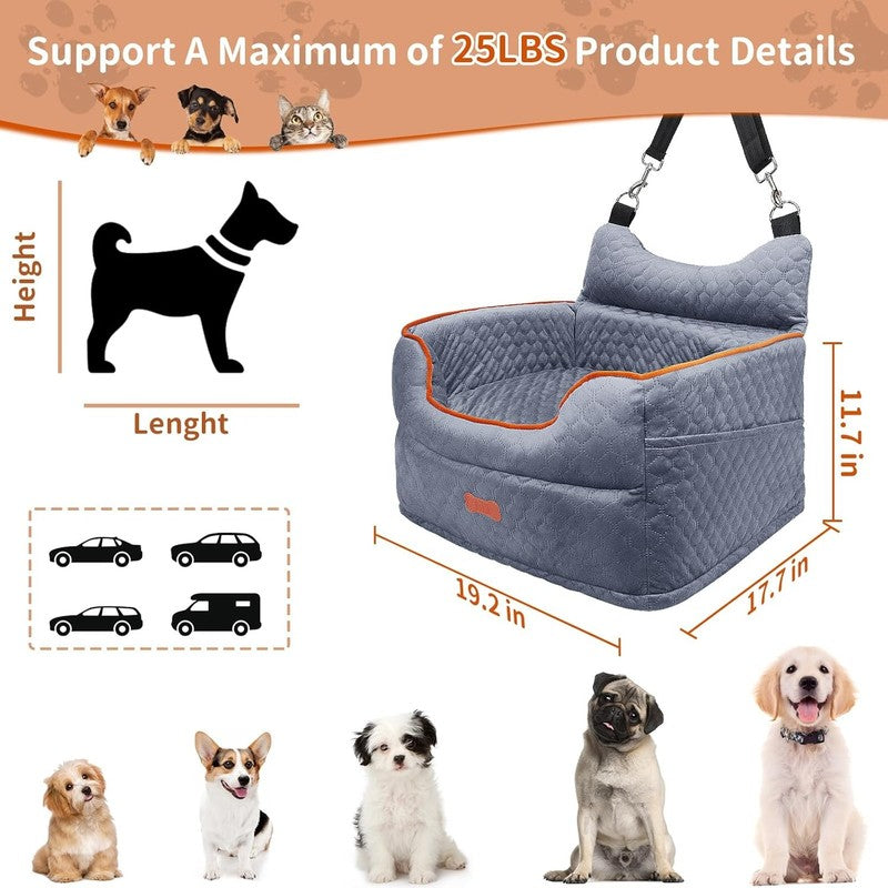 Dog Car Seat Memory Foam Small Dogs up to 25lbs w/ Pockets & Seat Belt Grey2