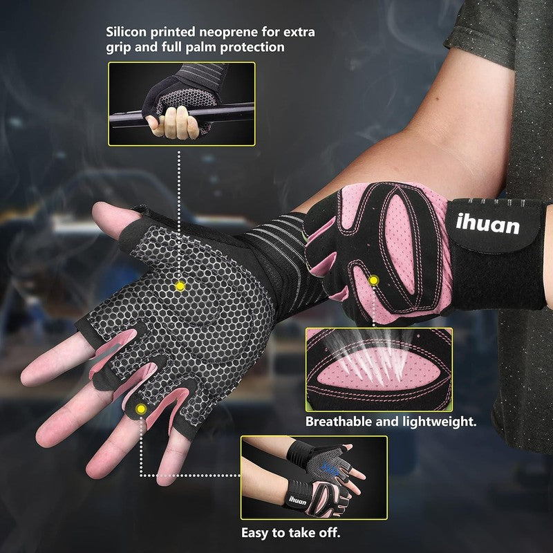 Ventilated Weightlifting Gloves with Wrist Wrap Support for Men and Women Pink1