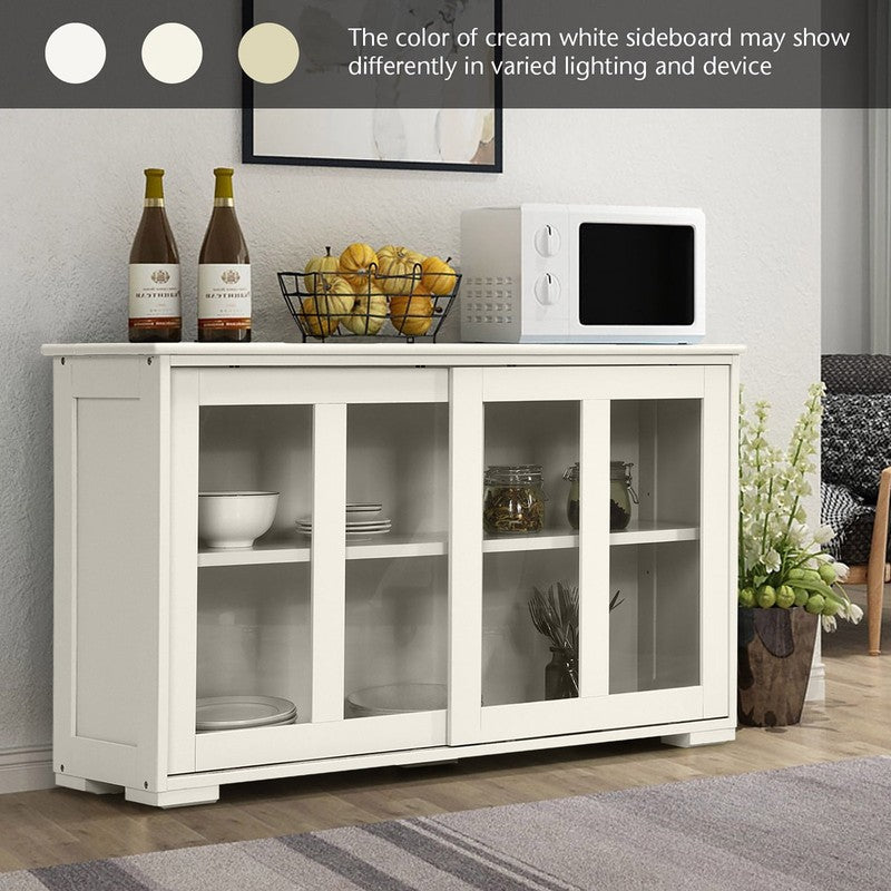 Off-White Kitchen Sideboard Buffet Storage Cabinet with Glass Sliding Doors4