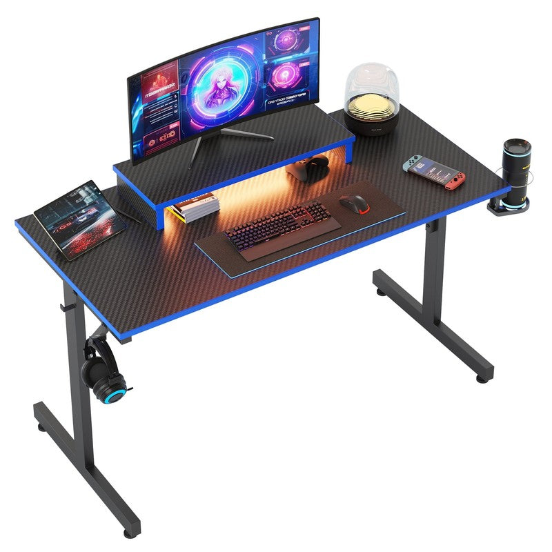 42" Gaming Desk PC Table w/ LED Lights, Monitor Stand, Hook & Cup Holder Blue0
