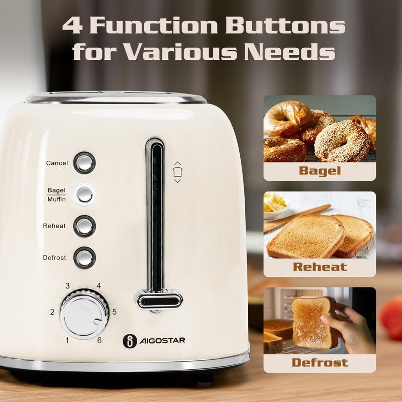 Retro 2-Slice Toaster Cream White Extra-Wide Slot Stainless Steel1