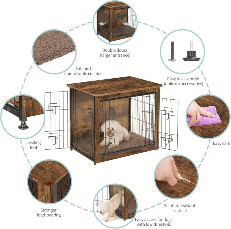 Dog Crate Furniture Table w/Cushion Wooden Kennel Double Door 27.2in Brown2