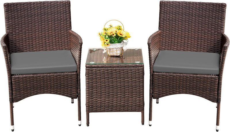 3 Piece Patio Furniture Set PE Rattan Table Outdoor Set Brown Grey Patio Porch8