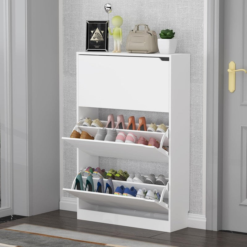 47'' Shoe Cabinet 3 Flip Drawers Slim Wood Storage Rack Organizer Entryway White4