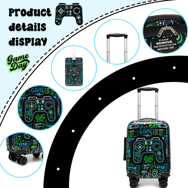 Kids Carry On Luggage Set Wheels Suitcase Backpack Pillow Boys Black Travel4