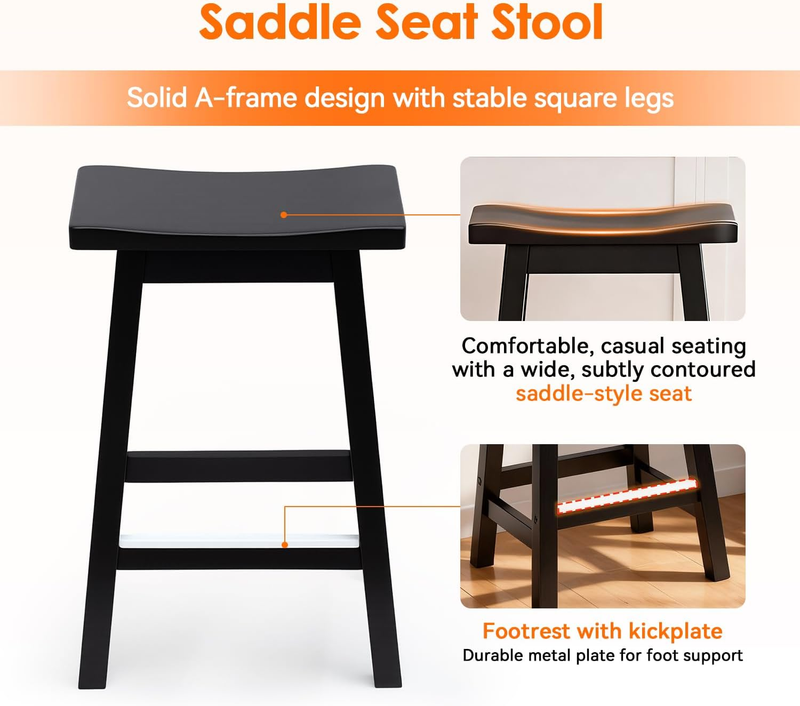 Bar Stools Set of 2, Wooden Saddle Stools 24 Inch Heigh, Bar Chairs Seat with Fo6