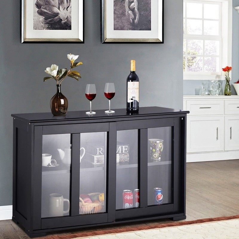 Black Kitchen Sideboard Buffet Storage Cabinet with Glass Sliding Doors3