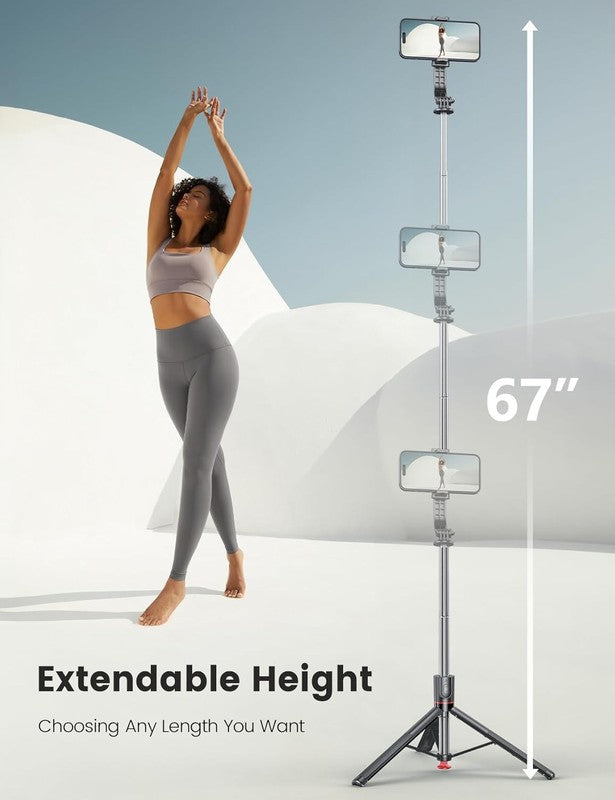 67'' Selfie Stick Tripod w Light Wireless Remote Extendable Phone Stand Black2