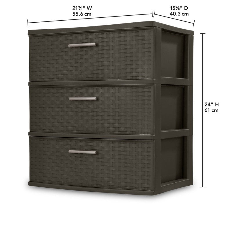 3 Drawer Wide Weave Tower, Plastic Décor Drawers with Pull Handles, Brown1