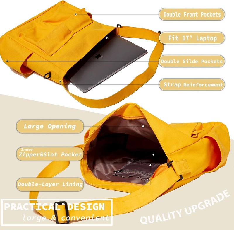 Canvas Messenger Bag Large Hobo Crossbody Multiple Pockets Shoulder Tote Unisex4