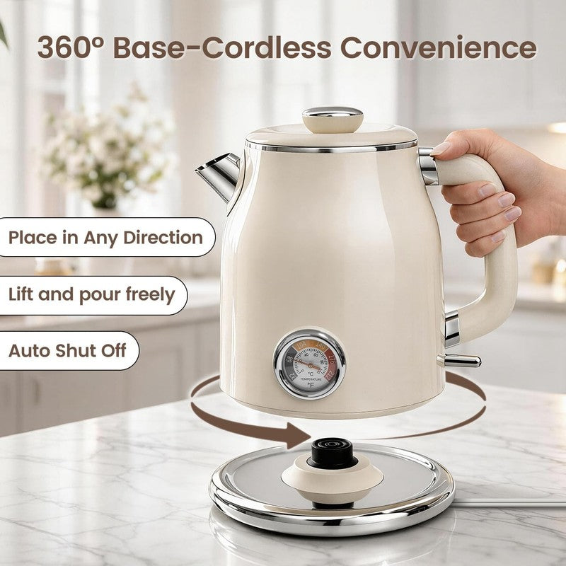 Retro Electric Kettle 1.7L Stainless Steel Fast Boil 1500W Cream Thermometer5
