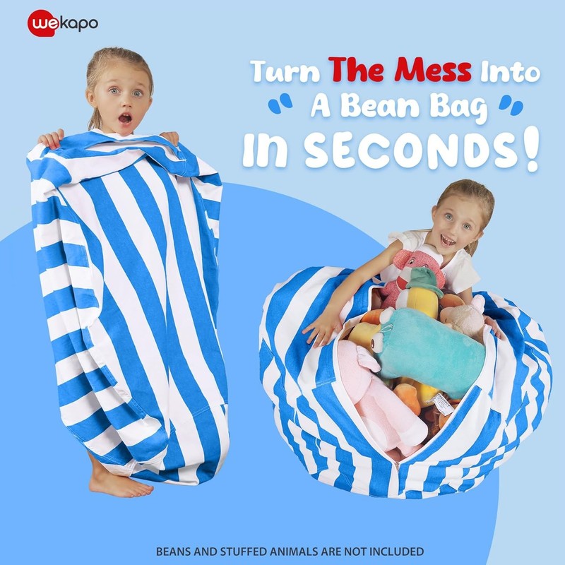 Kids Stuffed Animal Storage Bean Bag Cover XL Cotton Canvas Blue2