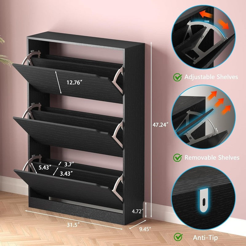 Shoe Storage Cabinet 3 Flip Drawers Narrow Rack Organizer Entryway Black1