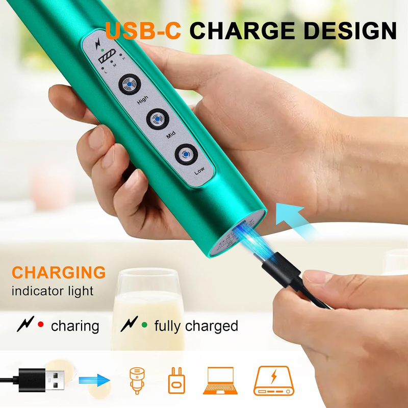 Milk Frother Handheld Rechargeable 3 Speed 3 Heads Coffee Whisk Turquoise2