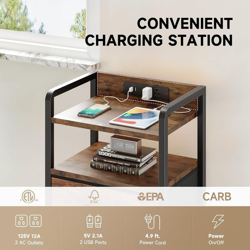 Nightstand w/ Charging Station LED Light 2 Fabric Drawers USB & AC Outlets Brown4