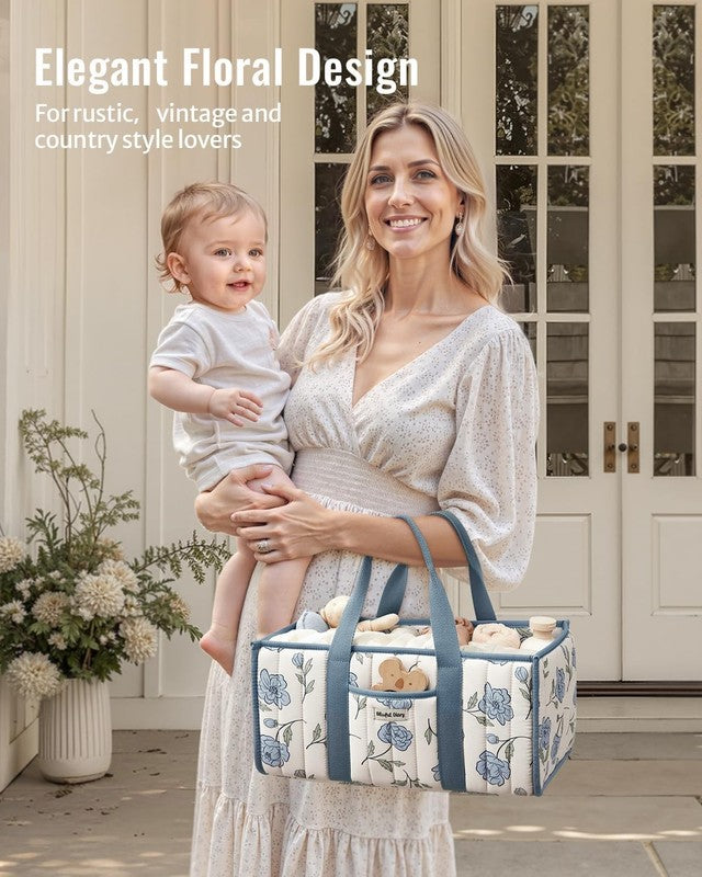 Floral Diaper Caddy Organizer Nursery Storage Basket Peony Blue6