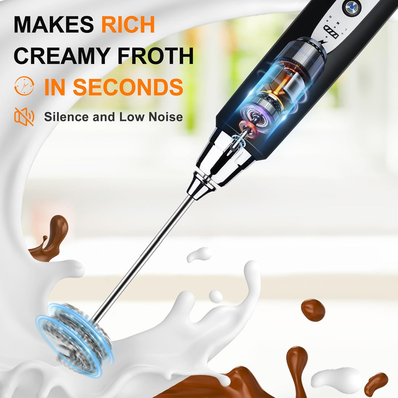 Milk Frother Handheld Black Rechargeable 3 Speed 3 Heads Coffee Whisk5