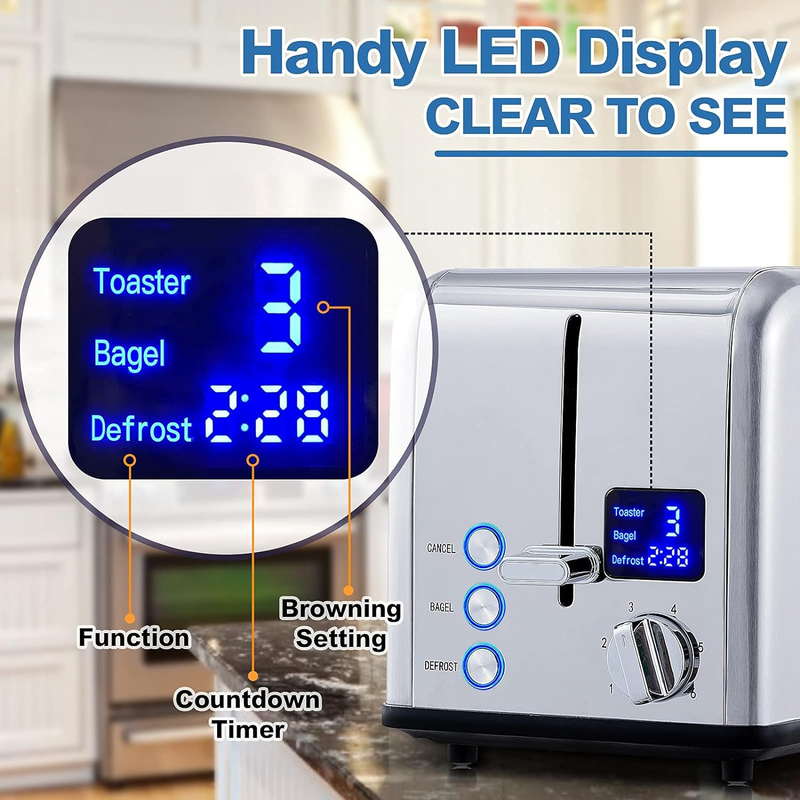 Silver Stainless Steel 2 Slice Toaster - LED Display, Wide Slots, 6 Shades Bagel2