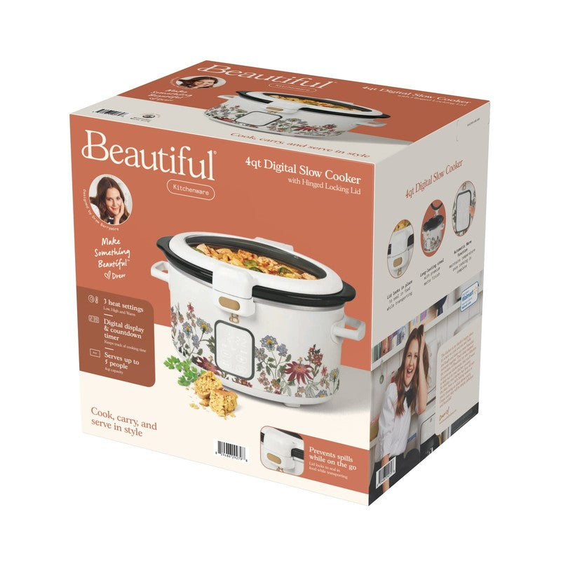 Drew Barrymore 4Qt Digital Slow Cooker Hinged Locking Lid Wildflower White10