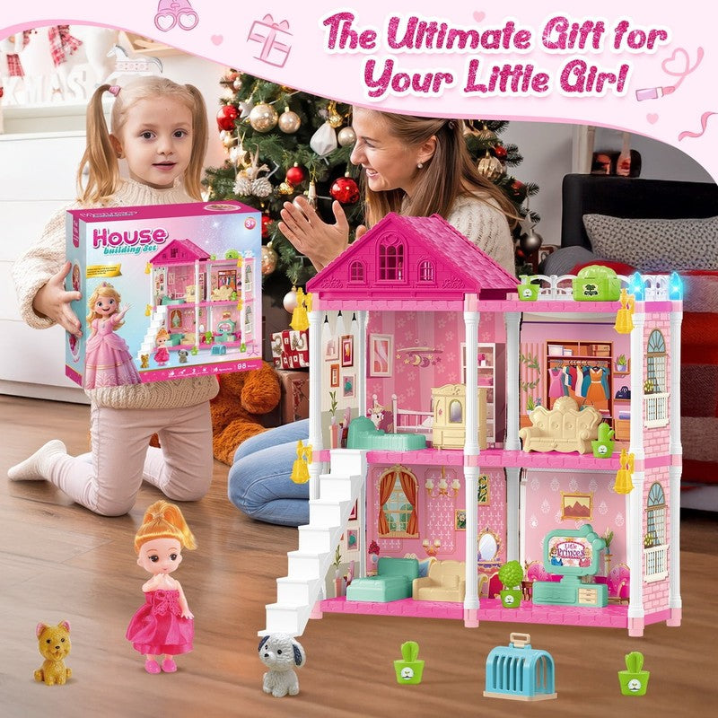 Dollhouse Kit for Girls 4 Rooms, 98PCS Building Toy for Ages 3–6, Birthday Gift3