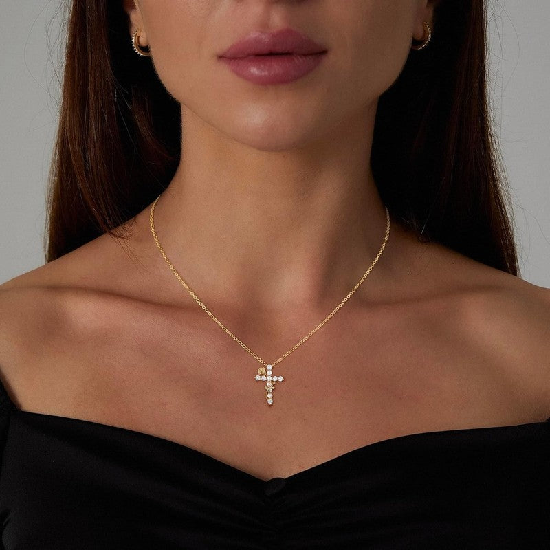 14K Gold Plated Cross Necklace Women Dainty Rose Flower Pendant1